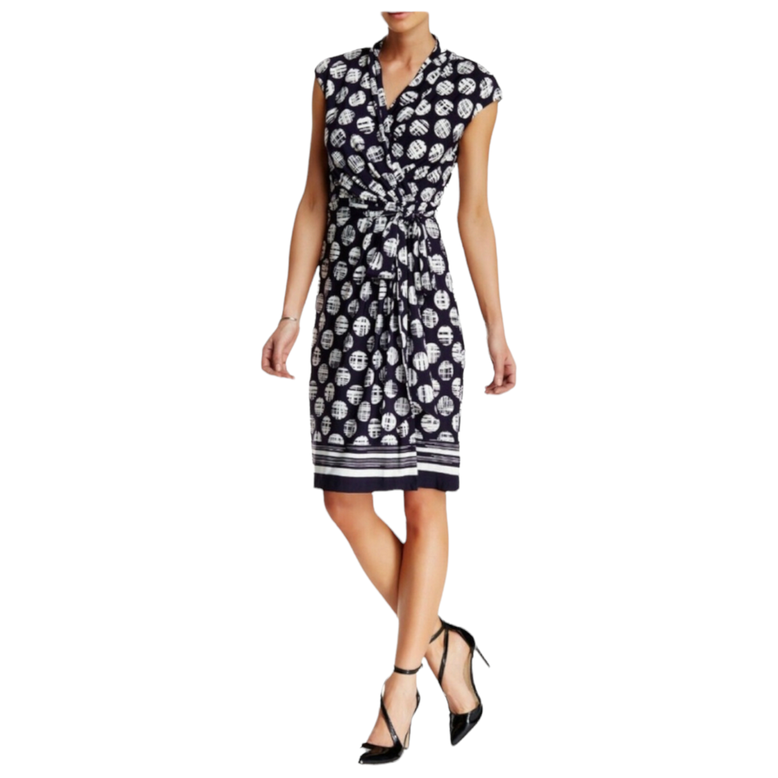 New Eliza J Faux Wrap Belted Polka Dot Contrast Sleeveless Lined Navy 4